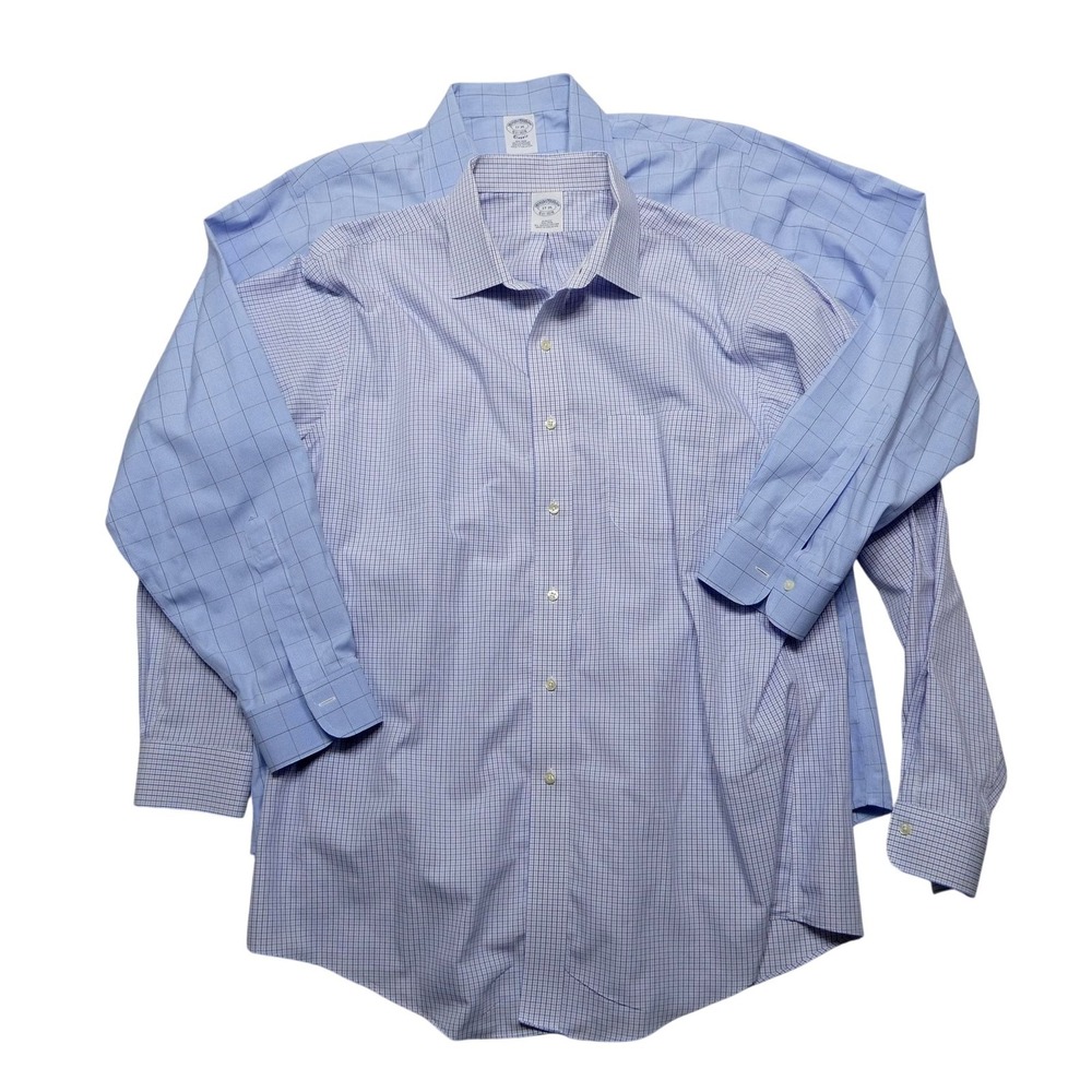 Brooks Brothers Shirt Mens 17 34/35 Blue Check Non Iron Supima Cotton Lot 2